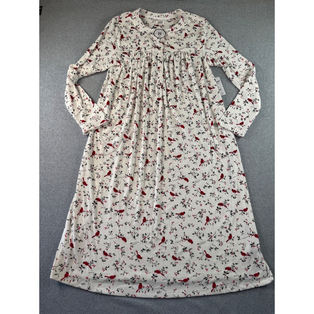 Aria Collection Womens Cardinal Print Fleece Nightgown Long Sleeve Cream Red M
